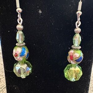 Hand Crafted Green Cloisonné and AB Crystal Beaded Earrings